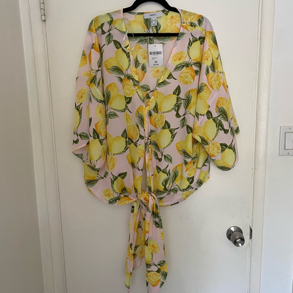 Forever 21 Light Pink and Lemon Tie Blouse